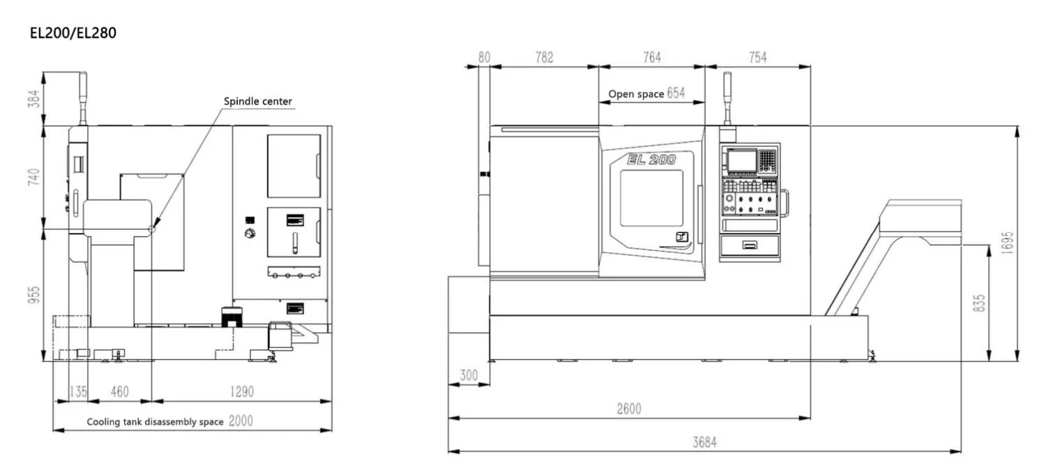 EL200/EL280 cnc slant lathe overall dimensions